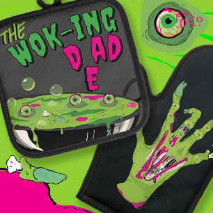Funny Ghoulishly Delicious The Wok-ing Dad Pun Oven Mitt & Pot Holder Set