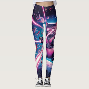 Funny giant cat and dinosaurs in space leggings