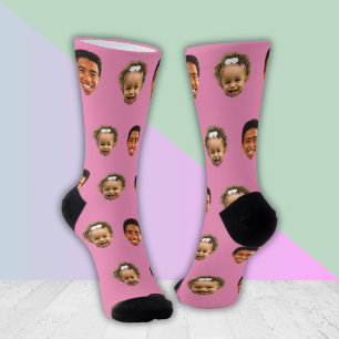 Funny Gift for Mom  – Custom 2 Face Photo Pink Socks
