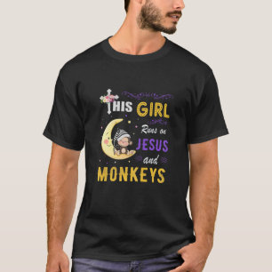 Funny Gift Watercolor Girl Run On Jesus And Monkey T-Shirt