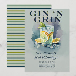 Funny Gin n Grin Cocktail Party Men 30th Birthday Invitation