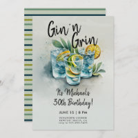 Funny Gin n Grin Drinks Party Men 30th Birthday