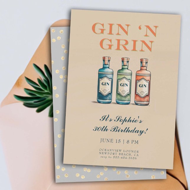 Funny Gin n Grin Humourous Elegant 30th Birthday Invitation (funny 30th birthday invitation women cocktails party gin n grin hilarious theme watercolor art )