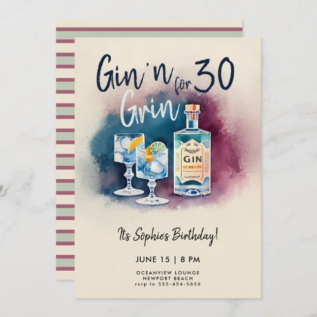 Funny Gin n Grin Party Stripe Modern 30th Birthday Invitation (Front/Back)
