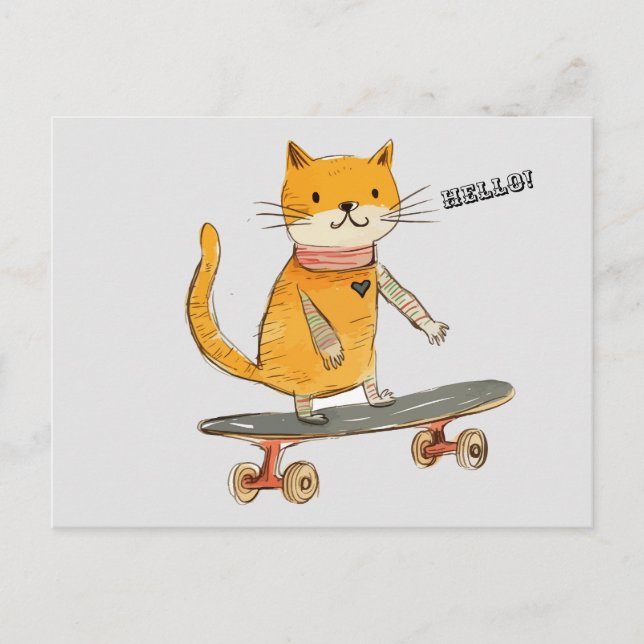 Funny Ginger Cat Skateboarding Postcard (Front)