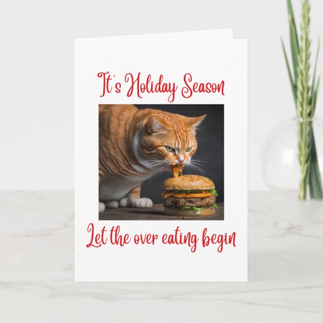 Funny Ginger Fat Cat Eating Burger Christmas  Card (Front)