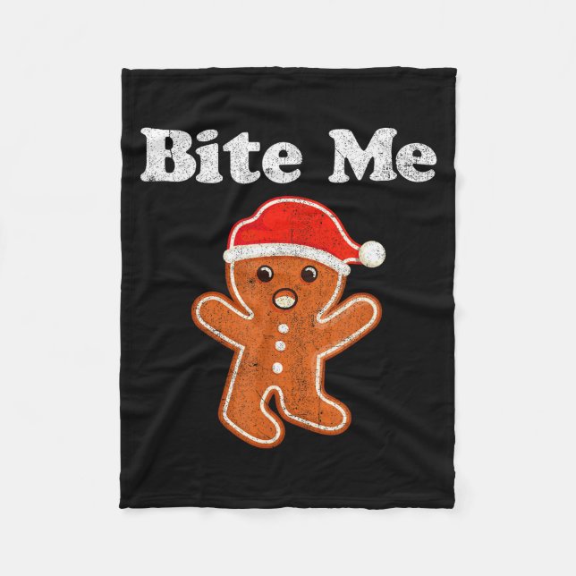 Funny Gingerbread Man Bite Me Christmas Cookie Cos Fleece Blanket (Front)