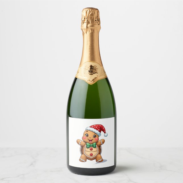 Funny Gingerbread Man Turtle Christmas Womens Mens Sparkling Wine Label (Front)