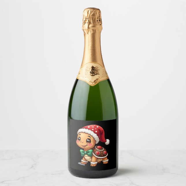 Funny Gingerbread Man Turtle Christmas Womens Mens Sparkling Wine Label (Front)