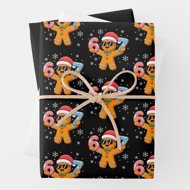 Funny Gingerbread Six Seven 67 Ice Cream Drip Xmas Wrapping Paper Sheet (In situ)