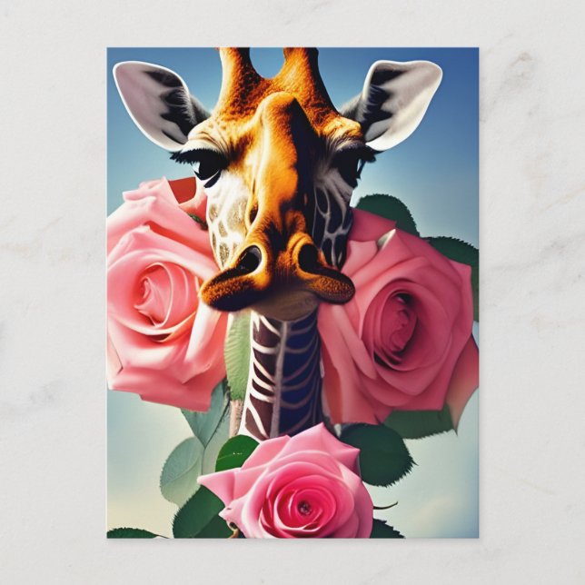 Funny Giraffe and Roses Digital Art  Postcard (Front)