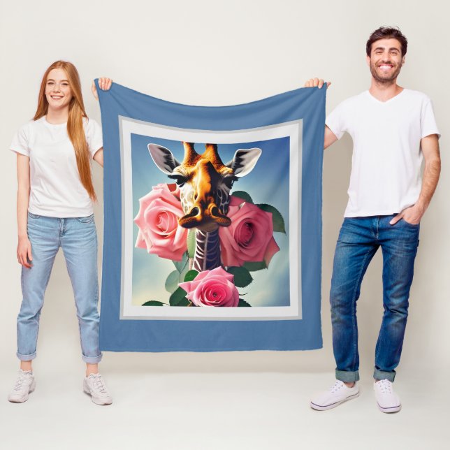 Funny Giraffe and Roses Surreal    Fleece Blanket (In Situ)