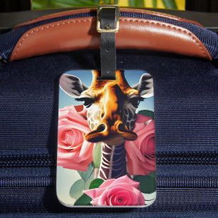 Funny Giraffe and Roses Surreal  Luggage Tag