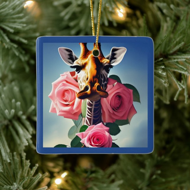 Funny Giraffe and Roses Surreal  Personalized Ceramic Ornament (Tree)