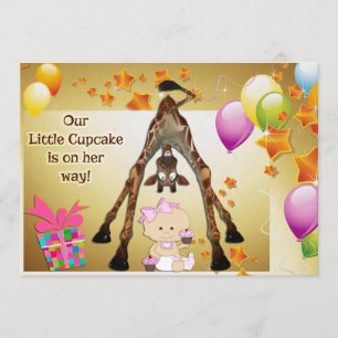 Funny Giraffe, Baby Girl and Cupcakes Baby Shower Invitation
