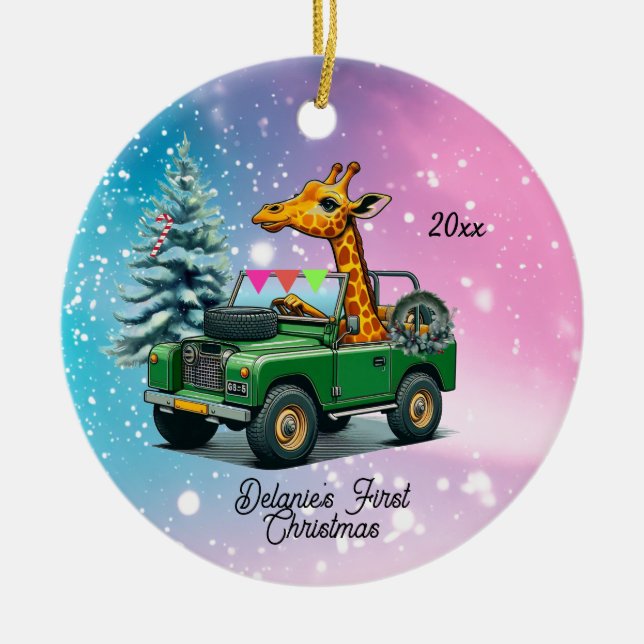 Funny Giraffe Baby's First Christmas Ceramic Ornament (Front)
