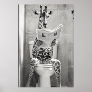 Funny Giraffe Bathroom Print, Reading Newspaper Poster