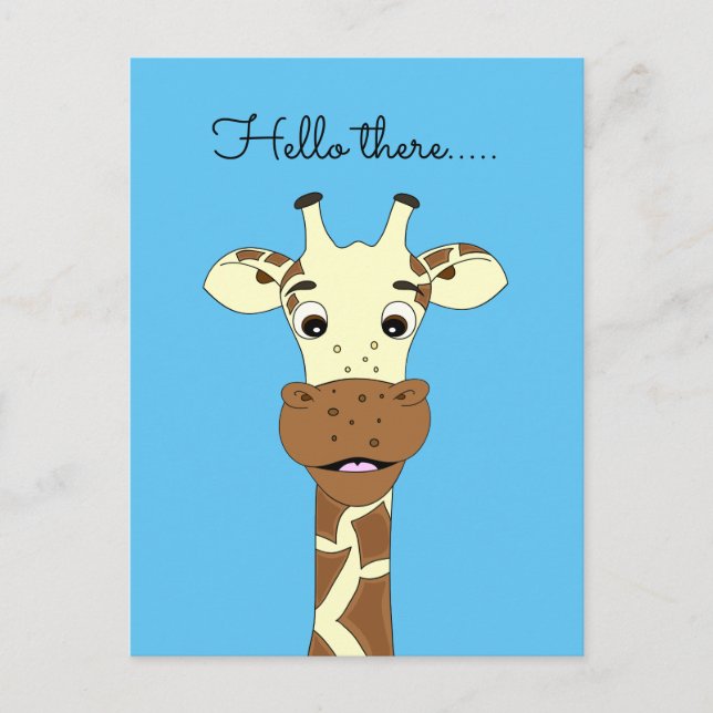 Funny giraffe cartoon blue Hello kids postcard (Front)