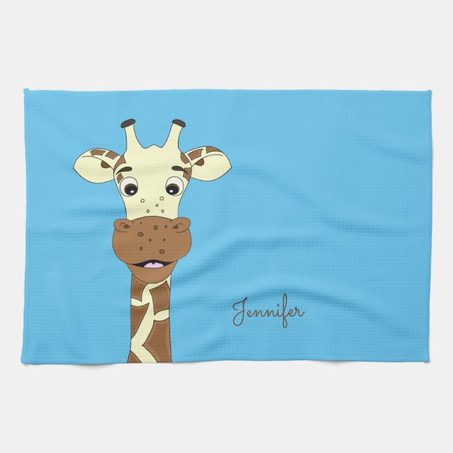 Funny giraffe cartoon blue name kitchen towel (Horizontal)