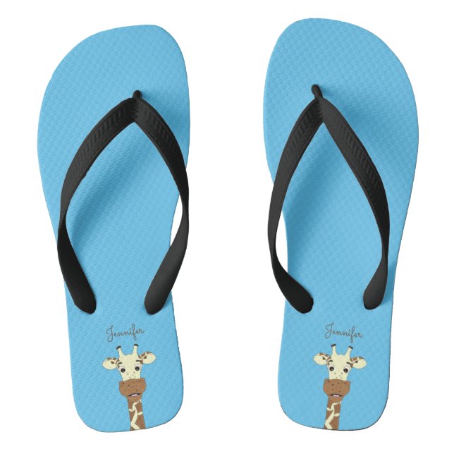 Funny giraffe cartoon blue name women's slippers flip flops (Footbed)