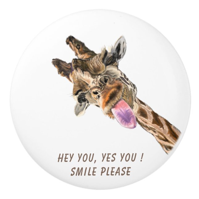 Funny Giraffe Ceramic Knob Smile - Custom Text (Front)