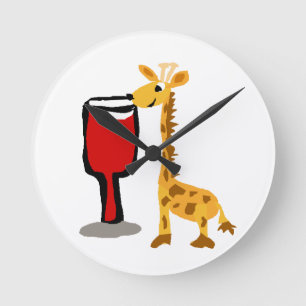Funny Giraffe drinking Red wine Cartoon Round Clock