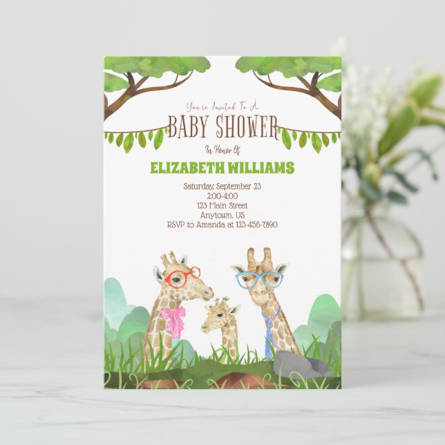 Funny Giraffe Family Safari Baby Shower Invitation (Standing Front)