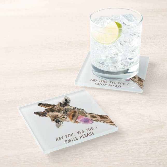 Funny Giraffe Glass Coaster Smile - Custom Text (Angled)
