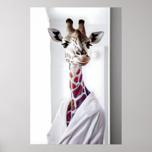 Funny Giraffe in Bathrobe, Bathroom Wall Art, Cute Poster