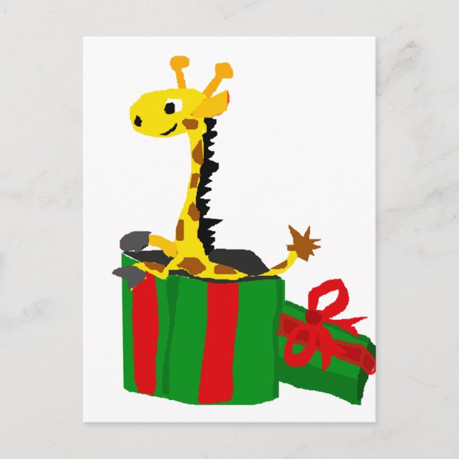 Funny Giraffe in Christmas Present Box Holiday Postcard (Front)
