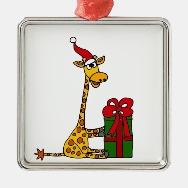 Funny Giraffe in Santa Hat Christmas Design Metal Ornament (Front)
