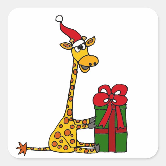 Funny Giraffe in Santa Hat Christmas Design Square Sticker (Front)