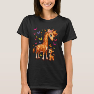 Funny giraffe mom and baby colourful butterfly ani T-Shirt