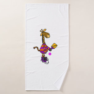 Funny Giraffe Playing Pickleball  Bath Towel