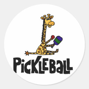 Funny Giraffe Playing Pickleball Cartoon Classic Round Sticker