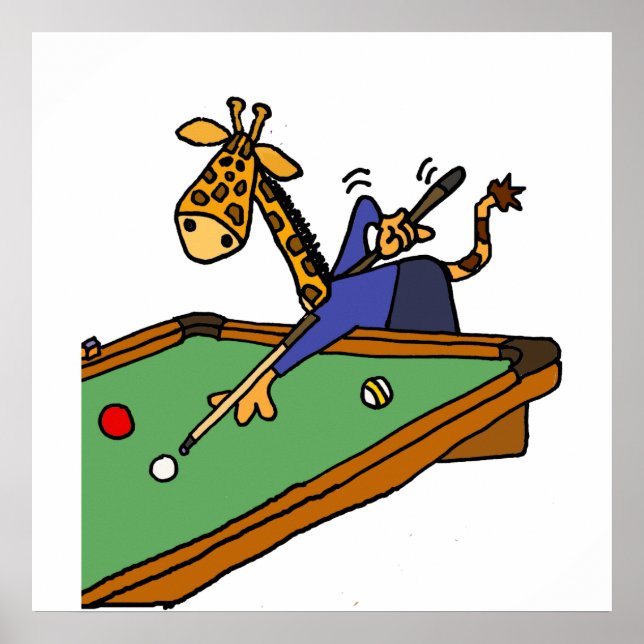 Funny Giraffe Playing Pool Cartoon Poster (Front)