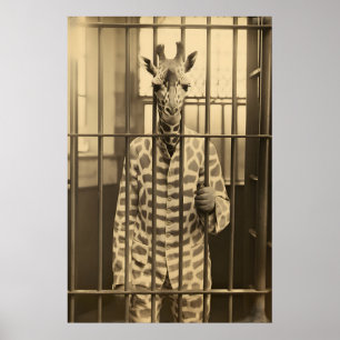 Funny Giraffe Prison Print Vintage Animal Photo