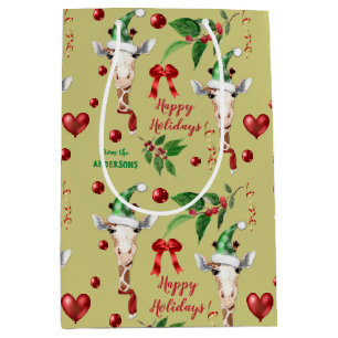 Funny Giraffe Santa Hat Holly Christmas Medium Gift Bag