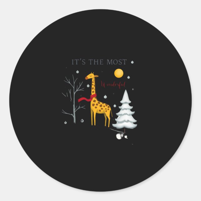 Funny Giraffe The Most Wonderful Time Christmas T- Classic Round Sticker (Front)