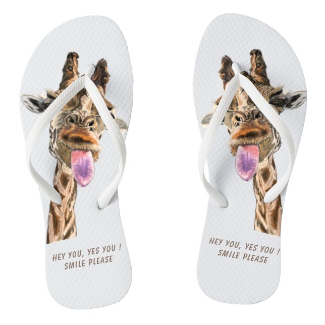 Funny Giraffe Tongue Out and Playful Wink Cartoon Flip Flops (Footbed)