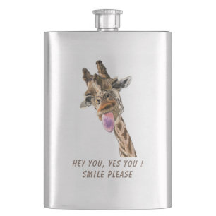Funny Giraffe Tongue Out and Playful Wink Cartoon Hip Flask