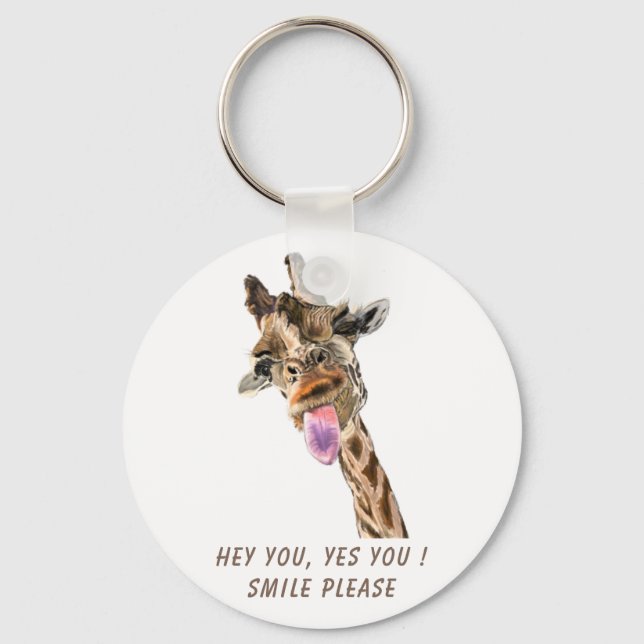 Funny Giraffe Tongue Out and Playful Wink Cartoon  Keychain (Front)