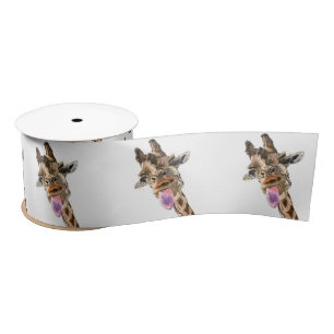 Funny Giraffe Tongue Out and Playful Wink Cartoon  Satin Ribbon