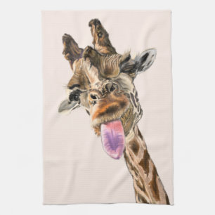 Funny Giraffe Tongue Out and Playful Wink - Fun Kitchen Towel
