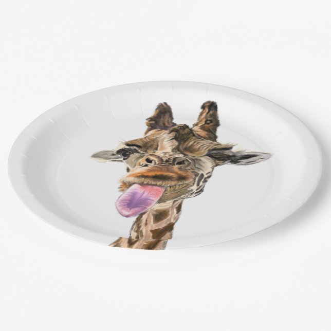 Funny Giraffe Tongue Out and Playful Wink - Fun Paper Plate (Angled)