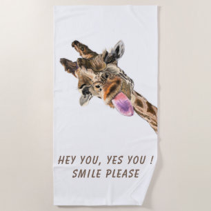 Funny Giraffe Tongue Out and Playful Wink - Smile Beach Towel