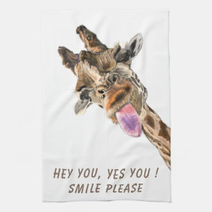 Funny Giraffe Tongue Out and Playful Wink - Smile  Kitchen Towel