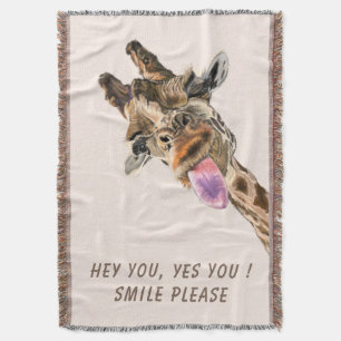 Funny Giraffe Tongue Out and Playful Wink - Smile Throw Blanket