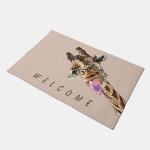 Funny Giraffe Tongue Out and Playful Wink Welcome  Doormat