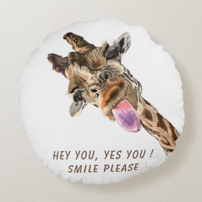 Funny Giraffe Tongue Out Round Pillow - Smile  (Back)